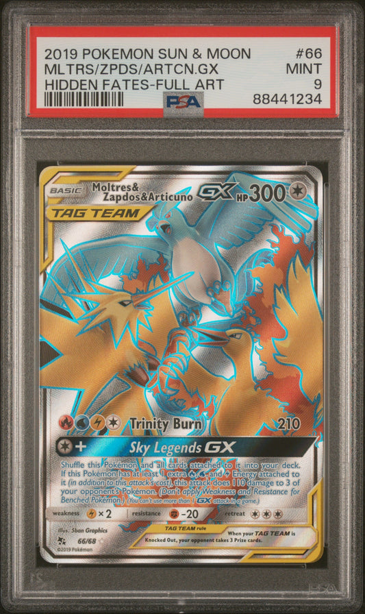 2019 Pokemon Sun & Moon Hidden Fates 66 Moltres & Zapdos & Articuno GX - PSA 9