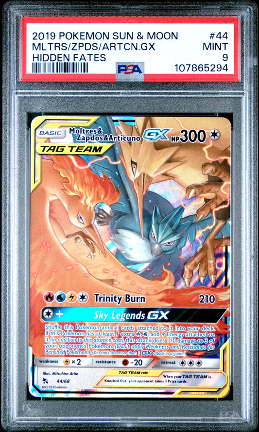 2019 Pokemon Sun & Moon Hidden Fates 44 Moltres & Zapdos & Articuno GX - PSA 9