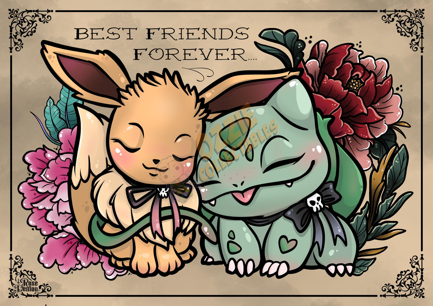 Best Friends Eevee Bulbasaur Pokemon Artprint By Rose Demon - RoseDemon Art Print Poster
