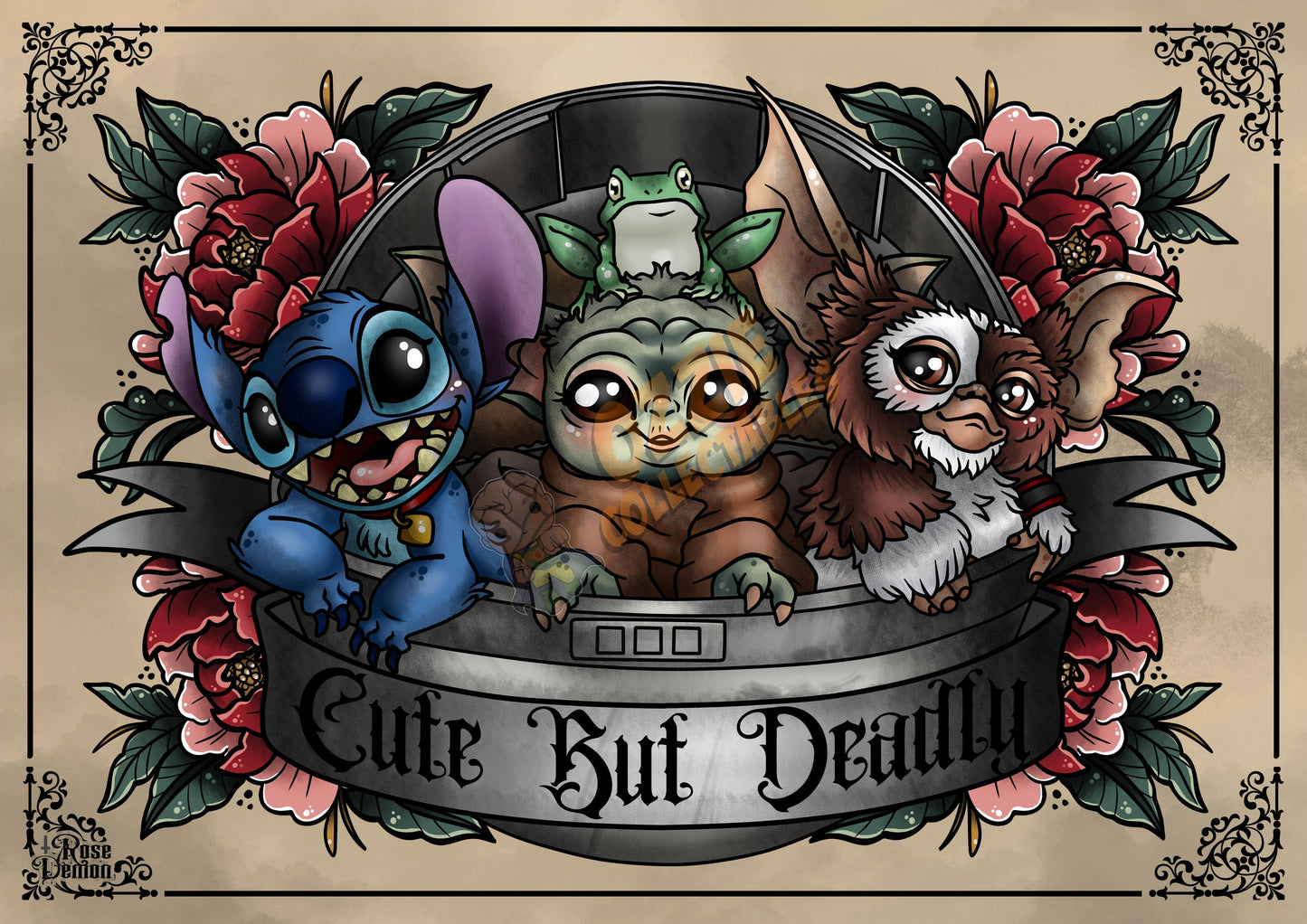 Cute But Deadly Grogu Stitch Gizmo Tattoo Flash Fanart By Rose Demon - RoseDemon Art Print Poster