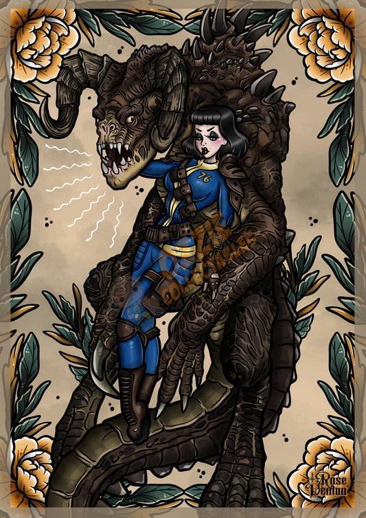 Fallout Vault Girl and Deathclaw Fan Art Print By Rose Demon - RoseDemon Art Print Poster