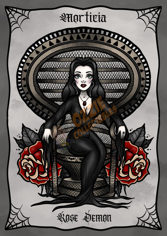 Morticia The Addams Family Black n White FanArt print by Rose Demon - RoseDemon Art Print Poster