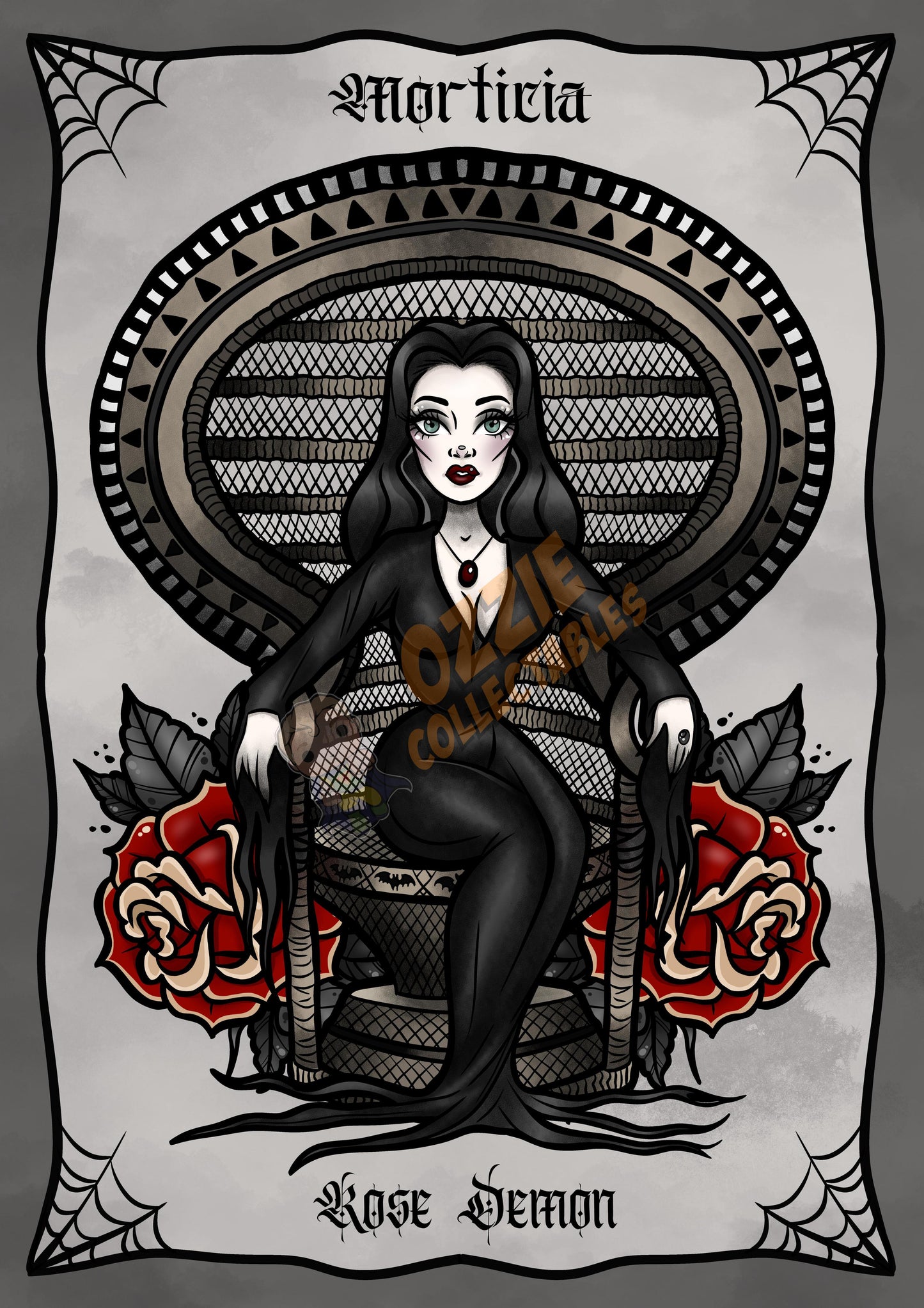 Morticia The Addams Family Black n White FanArt print by Rose Demon - RoseDemon Art Print Poster