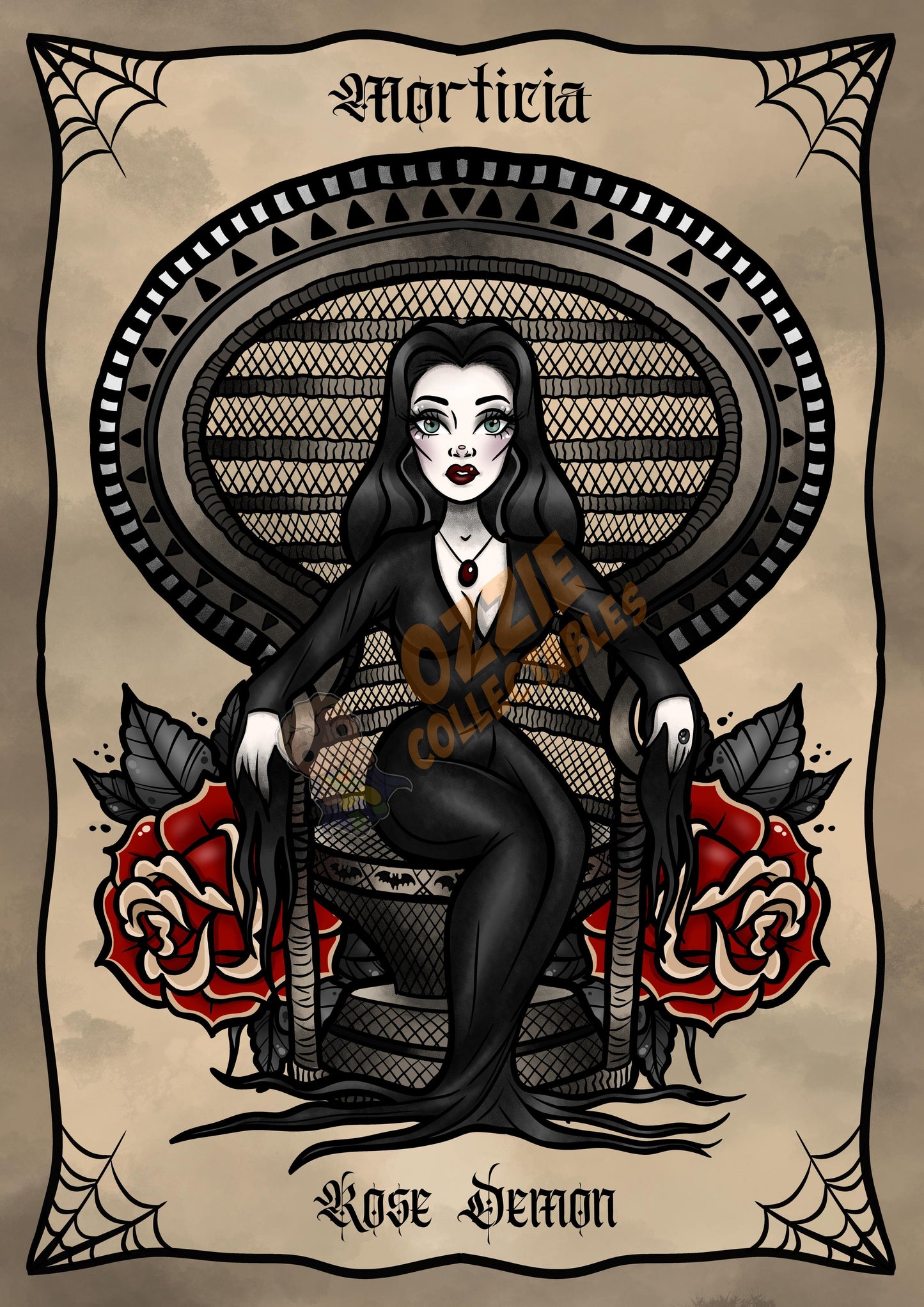 Morticia The Addams Family Tattoo FanArt Print by Rose Demon - RoseDemon Art Print Poster