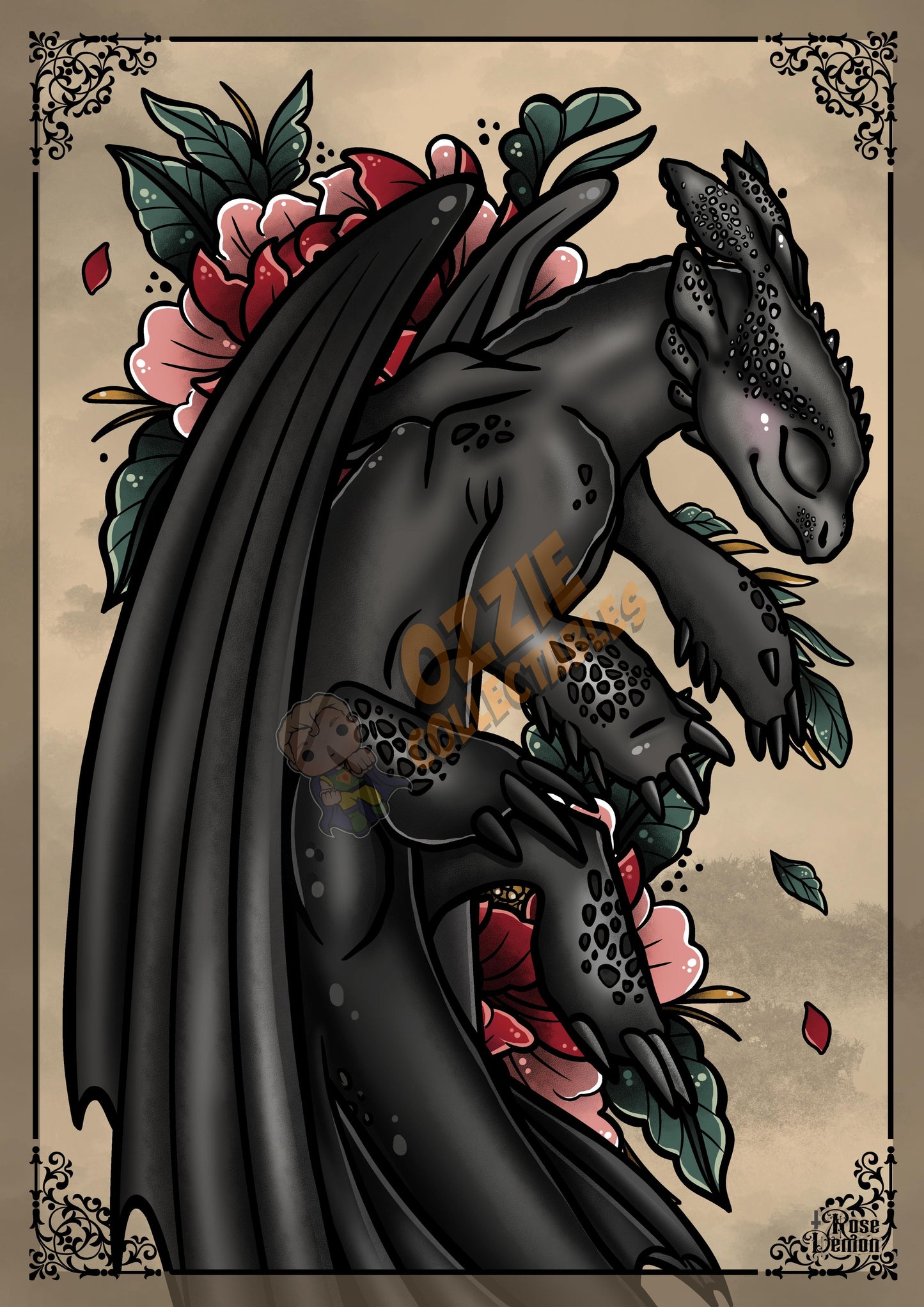 NightFury Close up Version - RoseDemon Art Print Poster