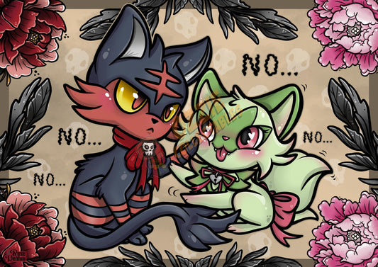 No... Pokemon Litten and Sprigatito Fanart By Rose Demon - RoseDemon Art Print Poster