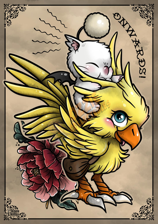 Onwards! Final Fantasy Chocobo and Moogle Art Print by Rose Demon - RoseDemon Art Print Poster