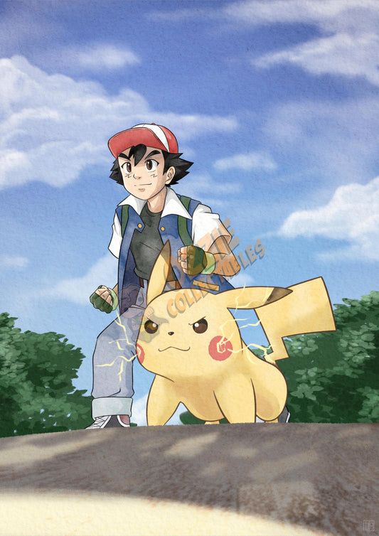 Pokemon - Ash and Pikachu - Darren Tee Pei Art Print Poster