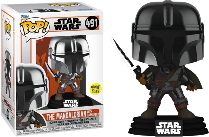 Star Wars: The Mandalorian - Mandalorian with DarkSaber Glow Metallic Pop! Vinyl #491