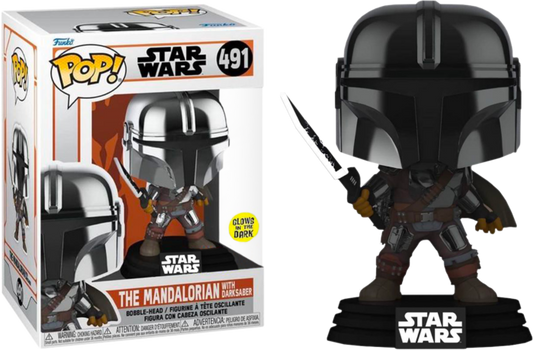Star Wars: The Mandalorian - Mandalorian with DarkSaber Glow Metallic Pop! Vinyl #491