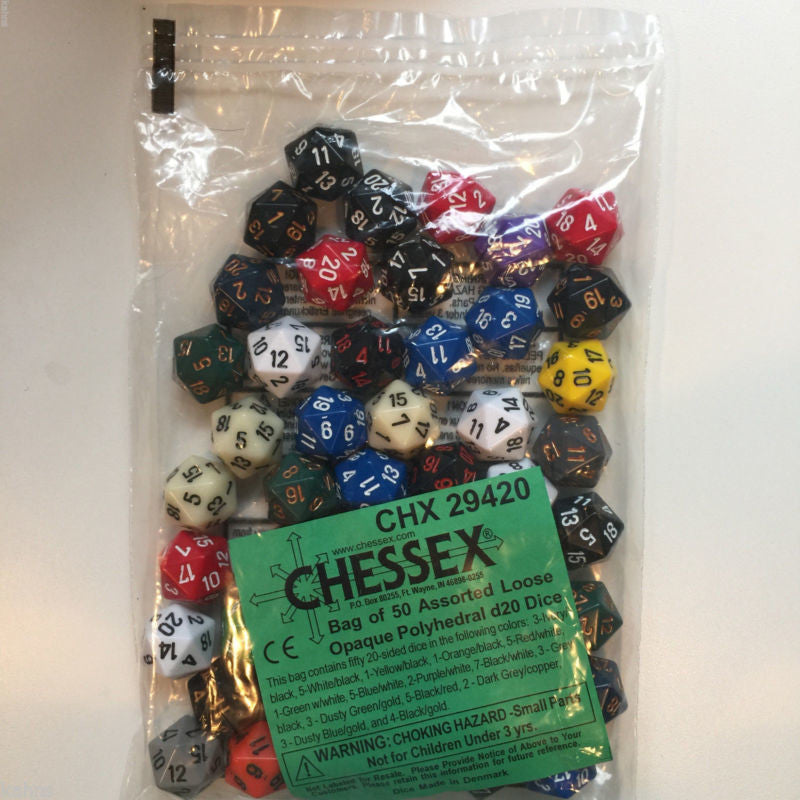 BULK D20 Dice Assorted Loose Opaque Polyhedral (50 Dice in Bag)