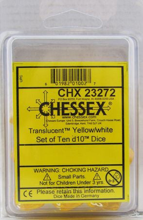Chessex D10 Dice Translucent Yellow/white Set of Ten d10s