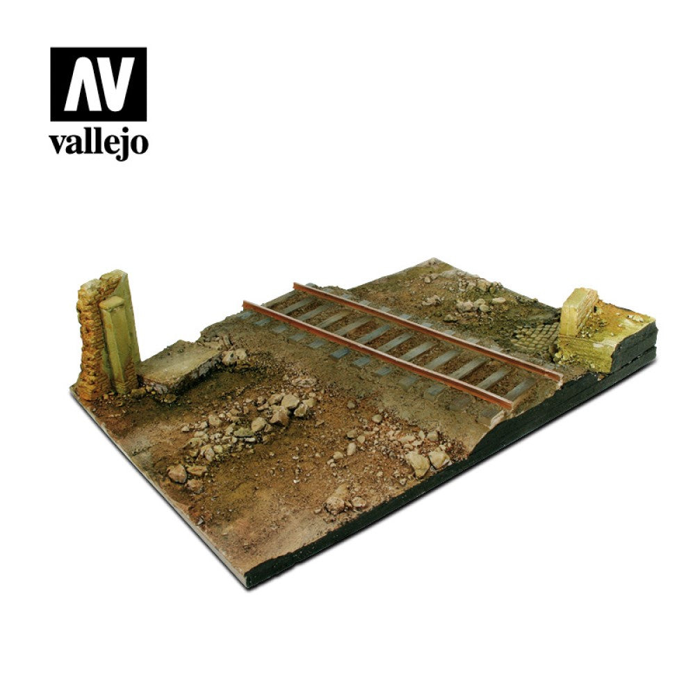 Vallejo SC104 Scenics 31x21 Country road cross with railway section Diorama Base - Ozzie Collectables