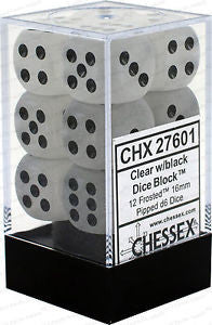 D6 Dice Frosted 16mm Clear/Black (12 Dice in Display)
