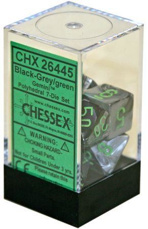 D7-Die Set Dice Gemini Polyhedral Black-Grey/Green (7 Dice in Display)