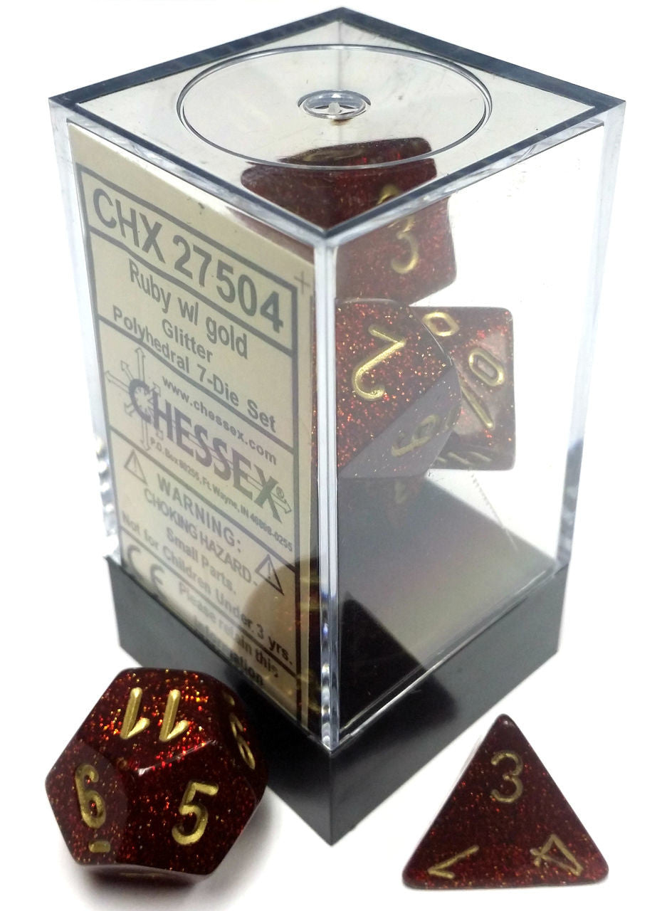 D7-Die Set Dice Glitter Polyhedral Ruby/Gold (7 Dice in Display)