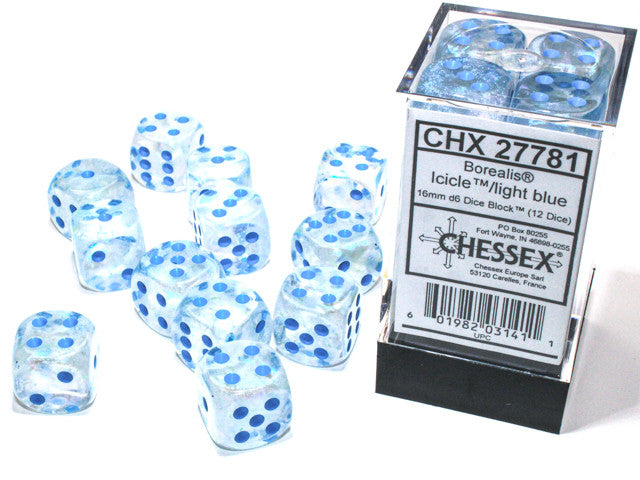 Chessex 16mm D6 Dice Block Borealis Icicle/Light Blue (Luminary Effect)