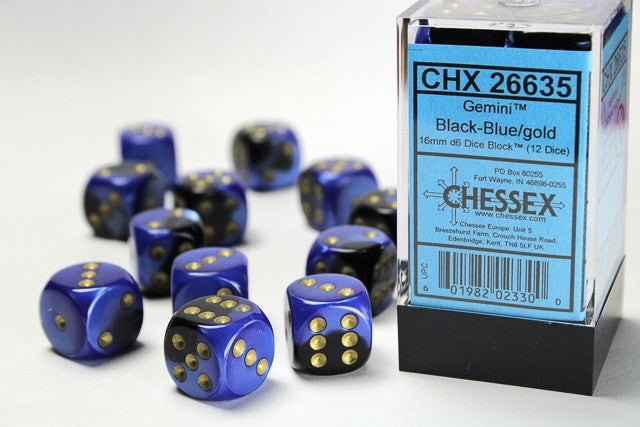 Chessex 16mm D6 Dice Block Gemini Black-Blue/Gold