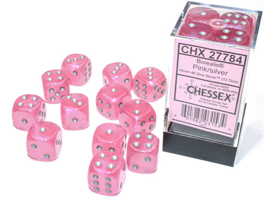 Chessex 16mm D6 Dice Block Borealis Pink/Silver (Luminary Effect)