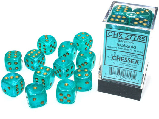 Chessex 16mm D6 Dice Block Borealis Teal/Gold (Luminary Effect)
