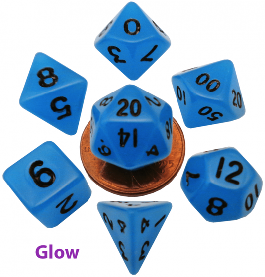 MDG 10mm Mini Polyhedral Dice Set: Glow Blue