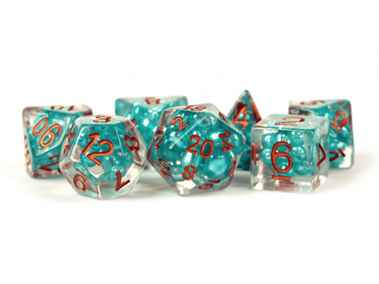 MDG 16mm Resin Polyhedral Dice Set: Pearl Teal w/ Copper Numbers