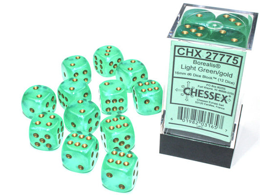 Chessex 16mm D6 Dice Block Borealis Light Green/Gold (Luminary Effect)