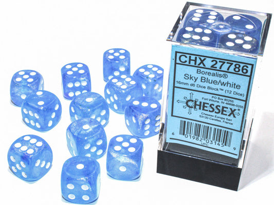 Chessex 16mm D6 Dice Block Borealis Sky Blue/White (Luminary Effect)