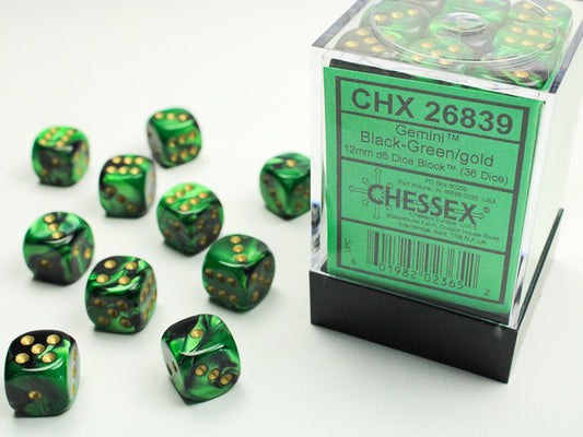 Chessex 12mm D6 Dice Block Gemini Black-Green/Gold