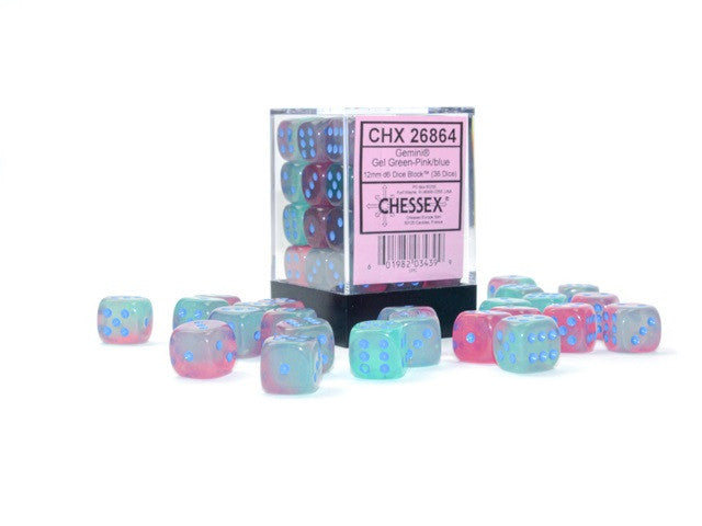 Chessex 12mm D6 Dice Block Gemini Gel Green-Pink/Blue (Luminary Effect)