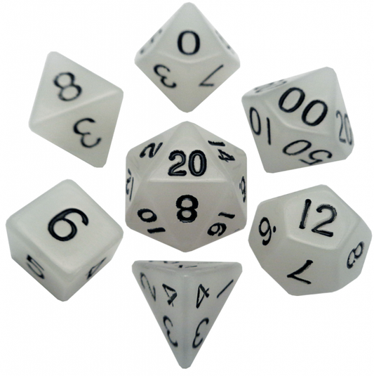 MDG 16mm Acrylic Polyhedral Dice Set: Glow in the Dark Clear
