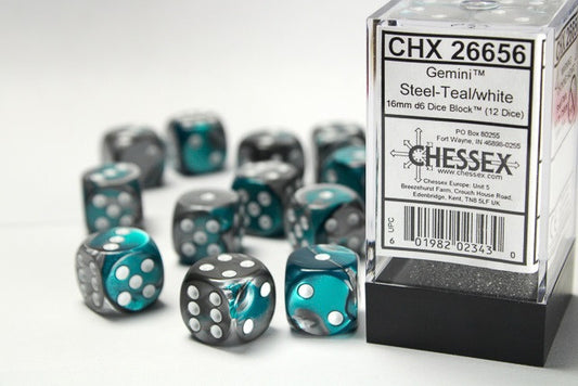 Chessex 16mm D6 Dice Block Gemini Steel-Teal/White
