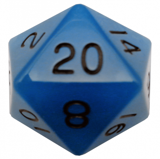 MDG 35mm Mega Acrylic d20 Dice: Glow Blue with Black Numbers