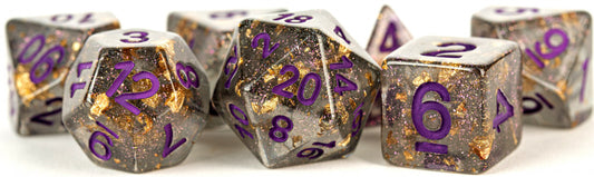 MDG Digital Resin Dice Set 16mm - Gray with Gold Foil, Purple Numbers