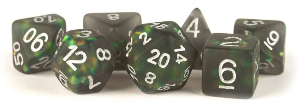 MDG Resin Icy Opal Dice Set 16mm Polyhedral - Black with Silver Numbers