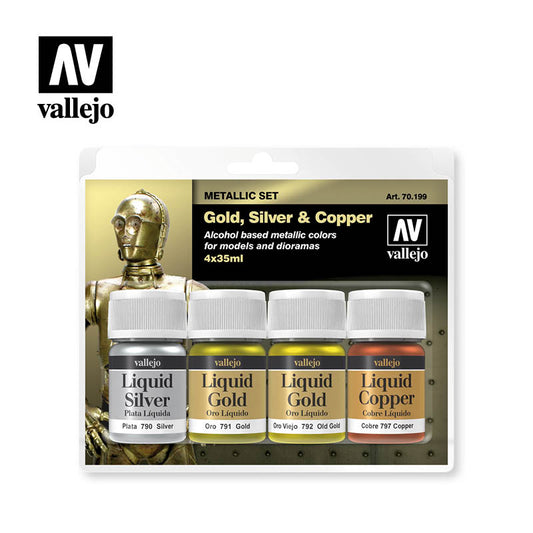 Vallejo Metallic Effects Gold, Silver & Copper (4) 35ml - Ozzie Collectables