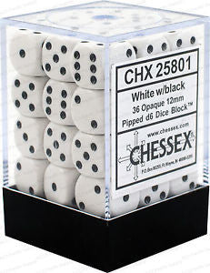 D6 Dice Opaque 12mm White/Black (36 Dice in Display)
