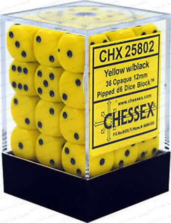 D6 Dice Opaque 12mm Yellow/Black (36 Dice in Display)