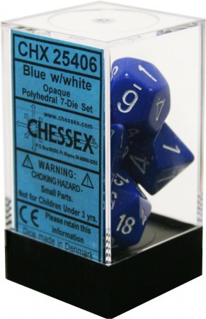 D7-Die Set Dice Opaque Polyhedral Blue/White (7 Dice in Display)