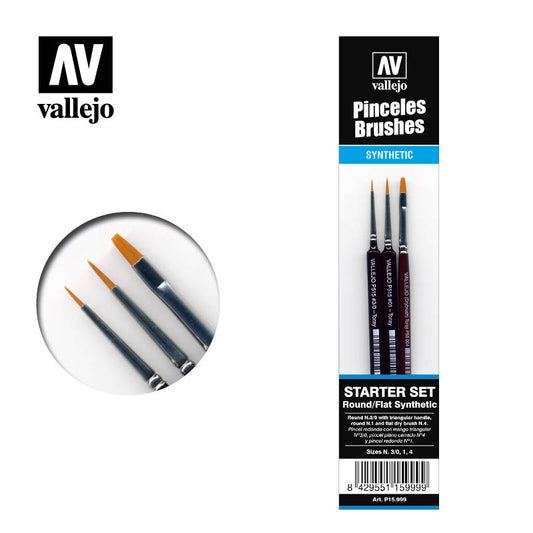 Vallejo Brushes - Starter Set I (3 Pcs.) No.1 & 3/0 Triangular Handle Precision + Flat No.4 Effects