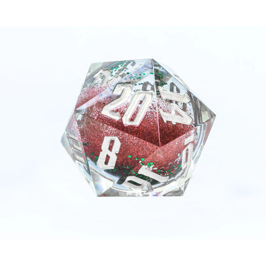 Sirius Dice -  Silver Ink, Red and Green Glitter with Silver Snowflakes D20 Snow Globe
