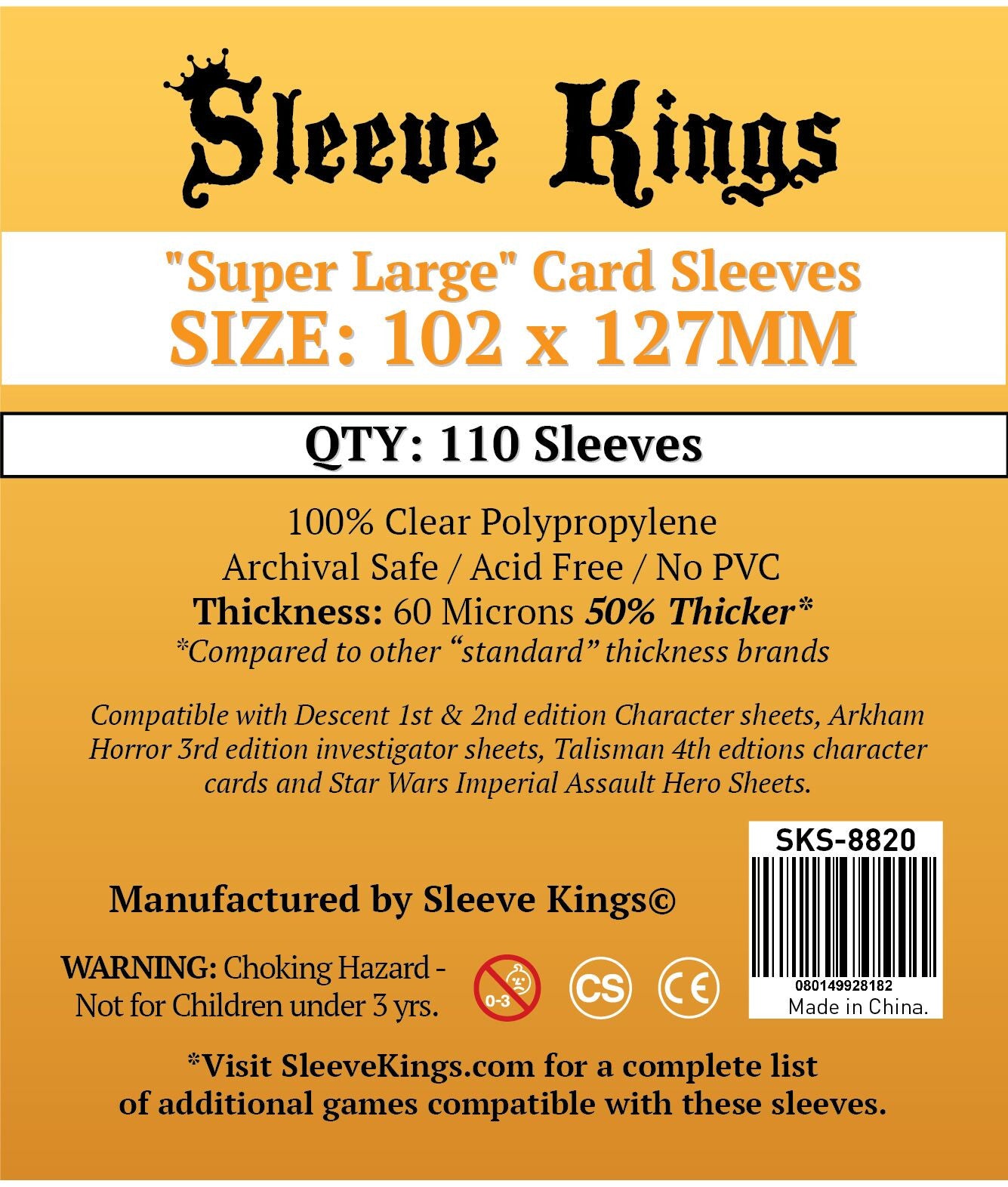 Sleeve Kings Board Game Sleeves "Super Large" (102mm x 127mm) (110 Sleeves Per Pack)