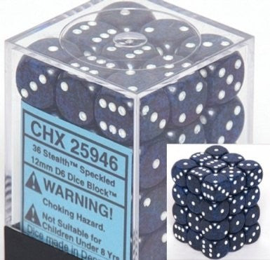 D6 Dice Speckled 12mm Stealth (36 Dice in Display)