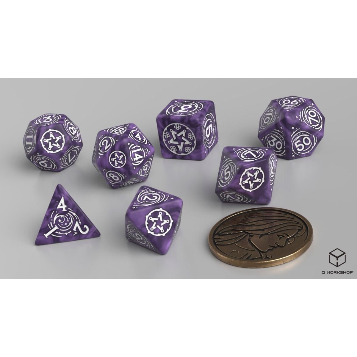 Q Workshop The Witcher Dice Set Yennefer - Lilac And Gooseberries Dice Set 7 With Coin