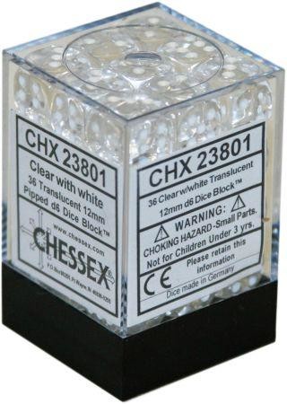 D6 Dice Translucent 12mm Clear/White (36 Dice in Display)