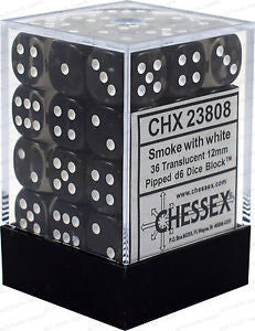 D6 Dice Translucent 12mm Smoke/White (36 Dice in Display)