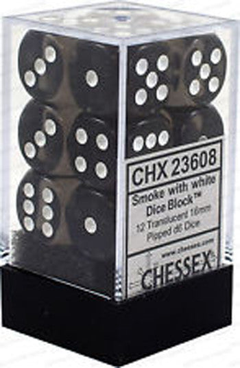 D6 Dice Translucent 16mm Smoke/White (12 Dice in Display)
